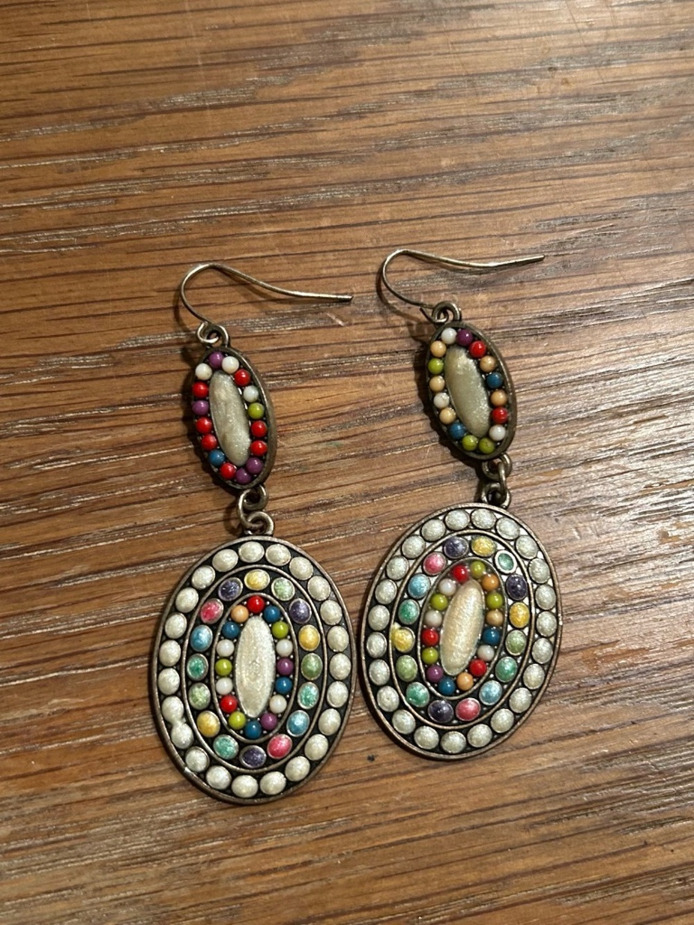 Beaded Mosaic Bronze Tone With Pearl & Rainbow Enamel Oval Shape Dangle Earrings